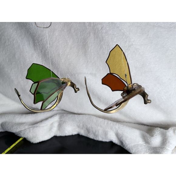 Pair Solid Brass Dragon Fire Stained Colored Glass Red Green Sun catchers 8" - Picture 8 of 16